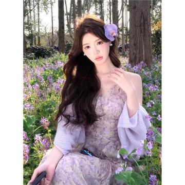 2025新款茶歇法式高級感雪紡長裙紫色碎花吊帶連衣裙兩件套裝女夏