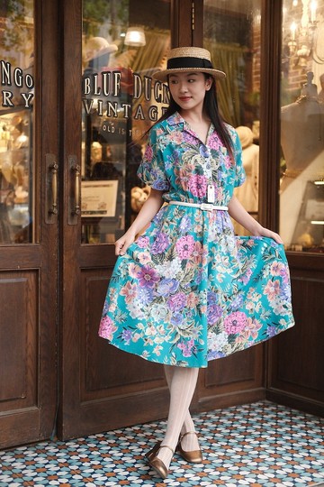 vintage dress襯衫領印花連衣裙古著