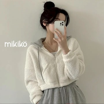 美木子｜連帽外套 ｜QQ毛連帽拼接外套【O30267】抽繩連帽外套 韓系 短款外套 羊羔毛 小個子女孩 休閒外套