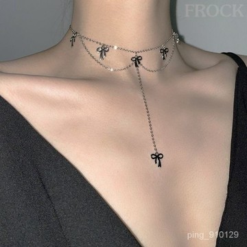 【FROCK】輕奢蝴蝶結流蘇項鏈女小衆設計高級感氣質百搭多層鎖骨鏈頸鏈  項鍊 頸鏈 鎖骨鏈 毛衣項鍊 性感項鏈 項飾