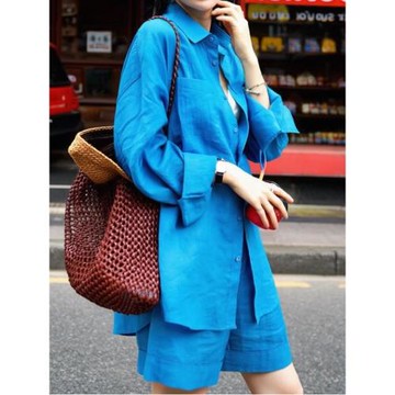法式克萊因藍棉麻套裝女夏秋松弛感寬松襯衣闊腿短褲亞麻料兩件套