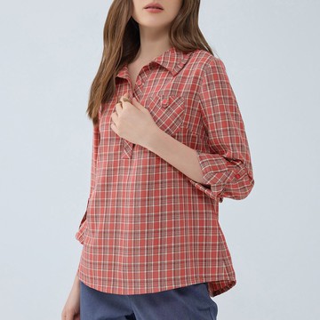 ILEY伊蕾 荷葉領半開襟格紋上衣(紅色；M-XL)1233351503