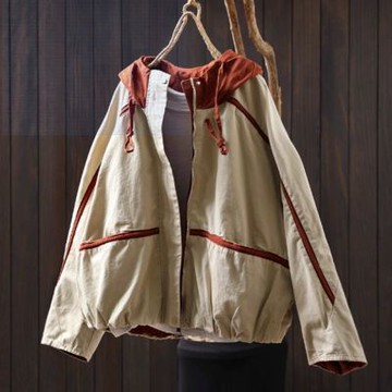設計所在 棉麻隨性風 抽繩連帽撞色拼接外套(10色可選)