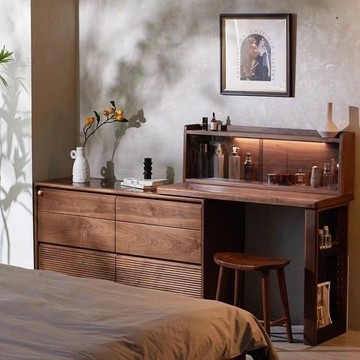 鏡台 化妝桌 免運 開立發票 中古風實木梳妝臺斗櫃一體化妝桌收納床尾櫃胡桃木色臥室可移動