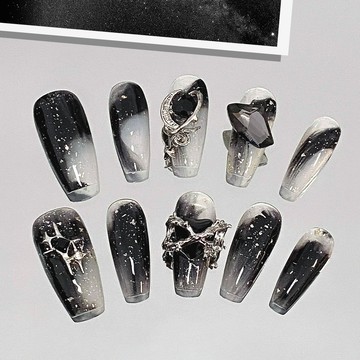 💜Hannah💛高定版歐美顯白辣妹手繪流沙暈染細閃貓眼立體黑寶石輕奢高級甜酷穿戴甲純欲仙女穿戴甲