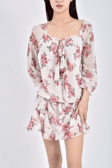 (S) 0918碎花小香風玫瑰七分袖杏色洋裝