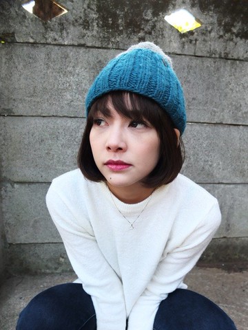 羊毛手編毛帽 毛線帽 雙色_藍綠