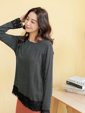 滿版圓點印花蕾絲長袖上衣