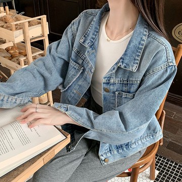 衣時尚 牛仔外套 上衣 牛仔衫 夾克 S-XL新款復古毛鬚口袋寬鬆短夾克小個子上衣-6287.