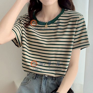 寬鬆圓領百搭條紋T恤女夏季短袖純棉體恤半袖上衣服【淘夢屋】