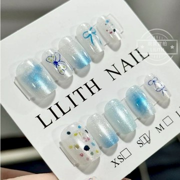 可隔日到貨！清倉特賣 清新藍蝴蝶結 猫眼穿戴甲 可拆卸顯白百搭 光療穿戴甲 美甲貼片 美甲穿戴甲  甲片 假指甲 指甲貼