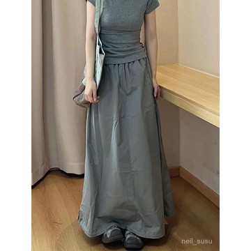 P3-半身裙 中長裙 A字長裙 休閒裙 長裙女 美式復古灰色速乾A字半身裙女夏季高腰顯瘦設計感休閒工裝裙長裙