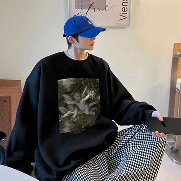 圓領衛衣男春秋青少年長袖套頭衫美式復古印花上衣潮牌寬松打底衫