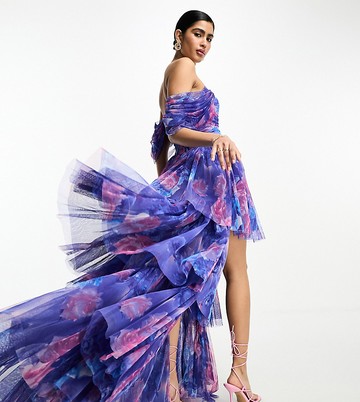Lace & Beads exclusive bandeau high low maxi dress in cobalt floral-Blue