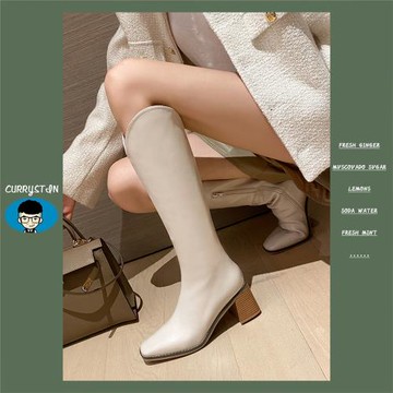 怪蜀黍米白色西部牛仔靴v口瘦腿長靴方頭高筒靴黑色長筒靴高跟靴