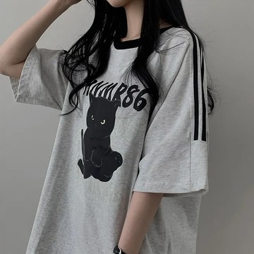 Vuja de 純棉 t恤 三條槓短袖上衣女 貓咪印花 T恤 韓國上衣 oversize T恤 寬鬆 ins風 潮流衣服
