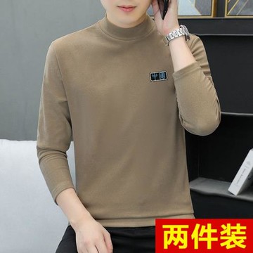 德絨中小半高領打底衫男長袖t恤秋冬季加絨加厚磨毛內衣保暖上衣