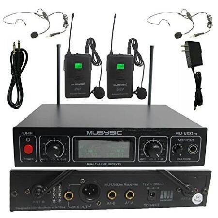 MUSYSIC Professional Dual Channel UHF Lapel Lavalier Headset Wireless Microphone System with Monitor Output, FCC Compliance Headsets for Karaoke Syste