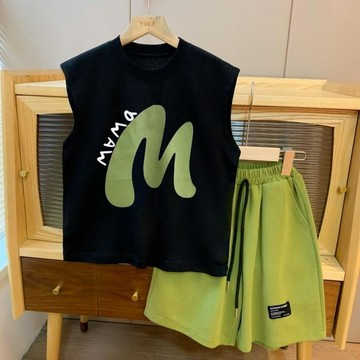 Healthy baby 男童夏裝套裝新款中大童夏季無袖T恤背心兒童運動寬鬆短褲潮 無袖背心套裝 男童套裝  兒童套裝