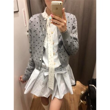 韓系小個子波點針織開衫女秋季拼接撞色連衣裙女長袖收腰顯瘦裙子
