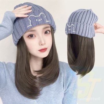LST 帽子假髮一體女時尚秋冬季小熊針織帽鎖骨髮韓版潮百搭網紅假髮帽 5XCF