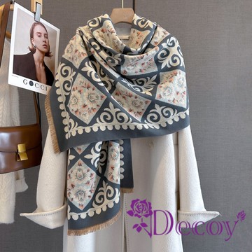 交錯花磚 雙面印花仿羊絨披肩圍巾/灰