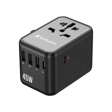 Verbatim 5孔 45W PD 3.0 / QC 3.0 GaN 快充充電器（內建 EU/UK/US 插頭，多國通用