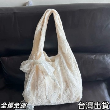 速.發 韓係小清新蕾絲花朵帆佈包女2025新款大容量單肩托特包通懃腋下包 台出