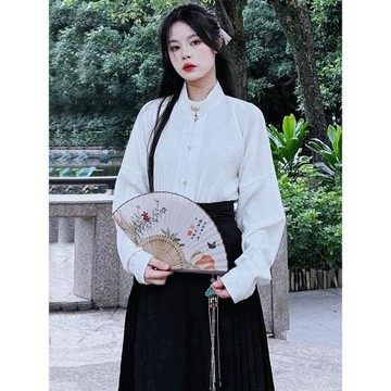 原創中國風新中式襯衫女秋新款明制漢服白色立領對襟衫馬面裙上衣