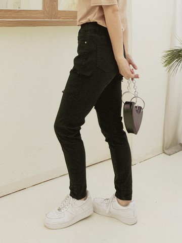 顯瘦鬆緊腰超彈力刷破牛仔長褲