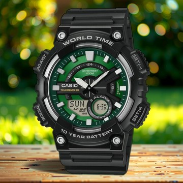 CASIO 卡西歐 經典數位計時雙顯電子錶 手錶-翠綠 學生錶 AEQ-110W-3A2V