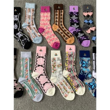 日本土星刺繡時尚個性夏季涼爽透氣玻璃絲中筒襪子女潮流水晶絲襪