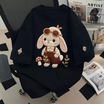 佰分佰/100kg內可穿 大尺碼女裝 夏天穿搭 仿刺繡 純棉短袖t恤 印花上衣 顯瘦上衣 休閒 百搭洋氣 可愛上衣