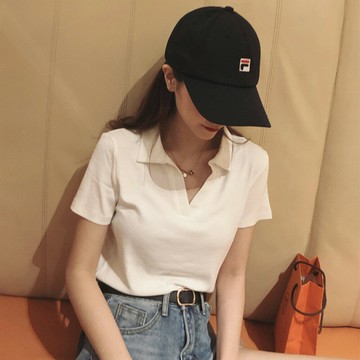 2022夏季新款短袖t恤女ins潮韓版修身休閑運動翻領polo衫別致上衣