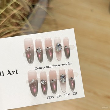 ➕最新設計款穿戴甲💅純手工穿戴甲高級感星雲灰粉色貓眼美甲片長款輕奢堆鑽假指甲貼片長橢圓穿戴甲 MJSO