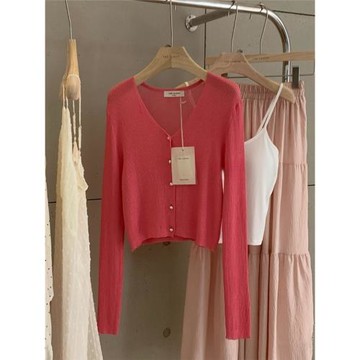 THE LEMON桃粉色珍珠扣V領冰絲長袖針織開衫女春夏純色短款防曬衫