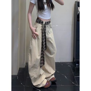 格子腰帶拼接彎刀褲男款夏薄款美式復古闊腿褲子寬松工裝拖地褲女