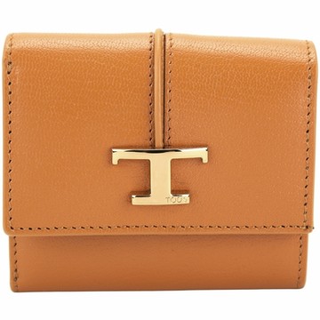 TOD’S Timeless T字荔紋牛羊皮 零錢袋款釦式短夾(橘色)