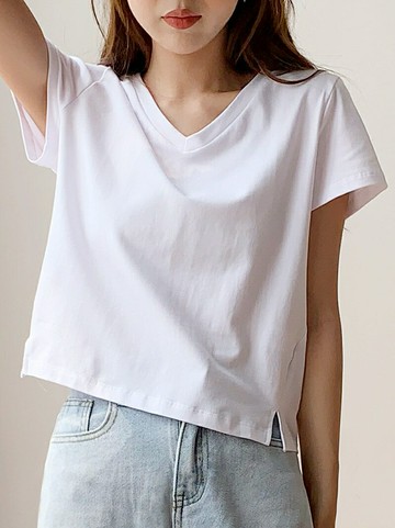 夏季新款寬松設計感小眾開叉純棉V領短袖t恤女短款上衣超火ins潮