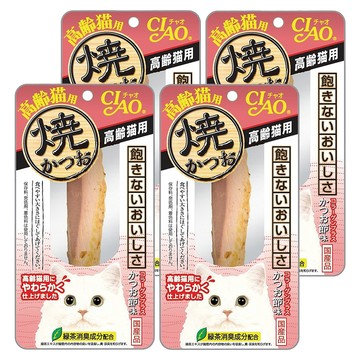 INABA CIAO 啾嚕 高齡貓 燒魚柳條 綠茶消臭成分配合 土佐清水港直接輸送本鰹 肉質柔軟方便吞食  柴魚片風味  30g  4包