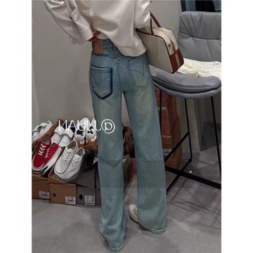 淺藍色高腰闊腿牛仔褲女夏季款撞色寬松顯瘦窄版休閑拖地直筒長褲
