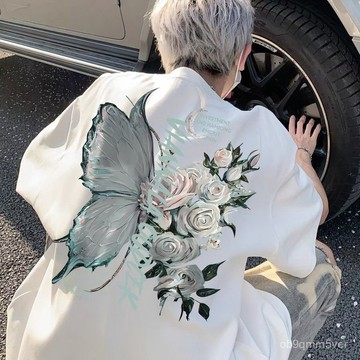 🔥臺灣出貨🔥 美式複古純棉短袖T恤男女蝴蝶印花潮流ins夏季寬鬆國潮高街上衣服