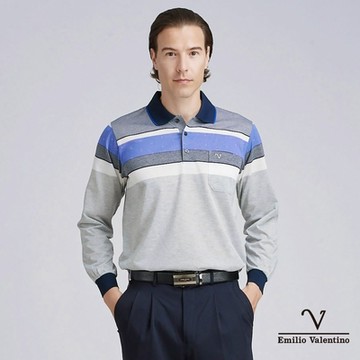 Emilio Valentino 范倫鐵諾男裝精梳棉胸袋薄長袖POLO衫_藍灰白(99-4V8062)