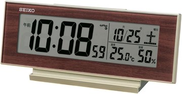 SEIKO【日本代購】 Clock 精工 鬧鐘 台鐘自然桌面時鐘電波數位日曆溫度濕度顯示夜間也能看見常亮淺金色珍珠 部分木紋82×206×51mm SQ325B