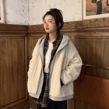 女裝加厚假兩件羊羔毛外套百搭寬松連帽學生開衫上衣1入