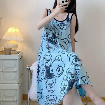 【特大尺碼M-5XL40-150kg】胖MM300斤夏季吊帶睡裙中長款甜美小熊家居服寬鬆大尺碼薄款睡衣女vk1