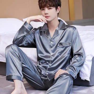 睡衣男士涼感春夏男款冰絲睡衣長袖新款休閑家居服大碼套裝可外穿