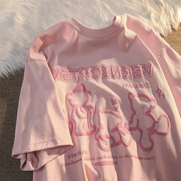 短袖2022年新款早春粉色半袖t恤女ins潮oversize寬松甜酷上衣夏季