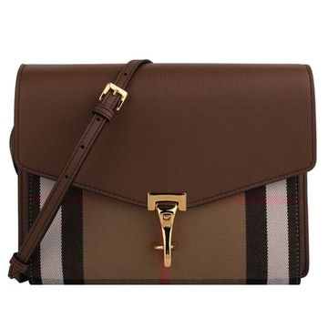 BURBERRY 巴寶莉   HOUSE 經典格紋拼接皮革勾式翻蓋斜背包(深卡其x駝)