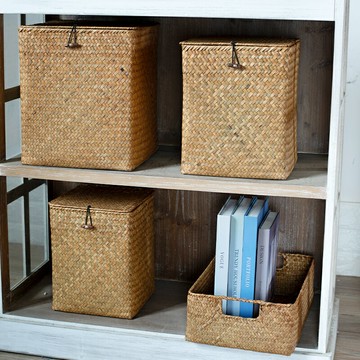 海草帶蓋收納盒高整理箱手工草編織桌面零食儲物箱雜物收納筐籃子